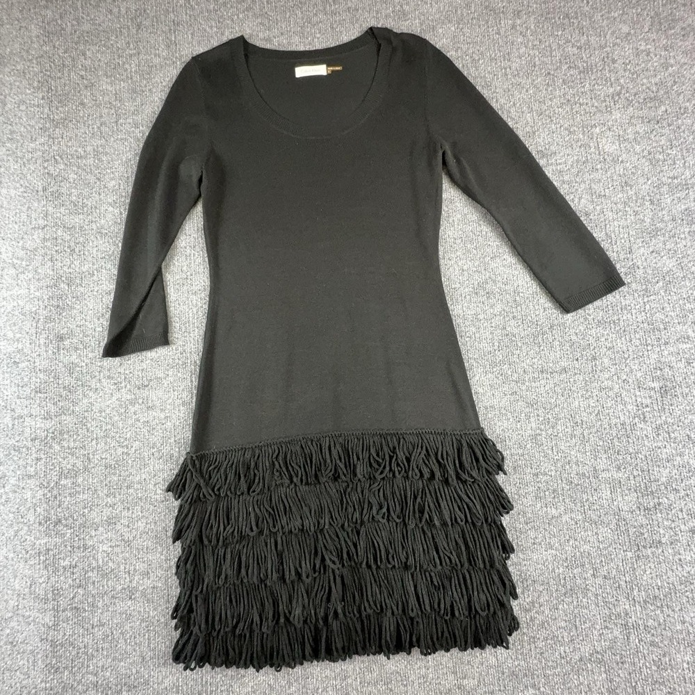 Calvin Klein Sweater Dress Womens Small Black Fringe Knit 3/4 Sleeve Scoop Neck